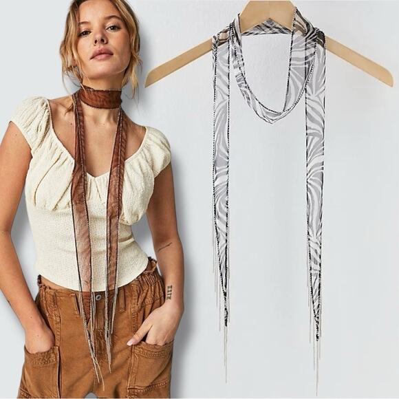 Free People Chan Luu Digital Desert Fringe Skinny Scarf Eggshell Bohemian Grunge - Picture 1 of 12